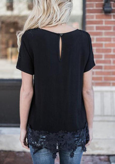 Black Patchwork Lace Studded Round Neck Short Sleeve Casual T-Shirt