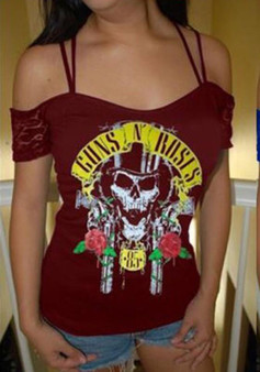 Red Guns N' Roses Print Spaghetti Strap Off Shoulder Rock And Roll Casual T-Shirt