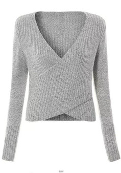 Grey Plain Irregular V-neck Fashion Pullover Sweater