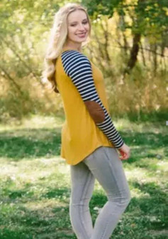 Yellow Patchwork Striped Print Round Neck Casual T-Shirt