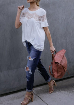 White Patchwork Lace Round Neck Short Sleeve Casual T-Shirt