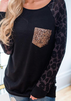 Black Leopard Patchwork Sequin Pockets Sheer Long Sleeve Casual T-Shirt