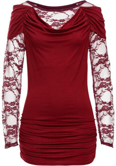 Red Lace Round Neck Long Sleeve Fashion T-Shirt