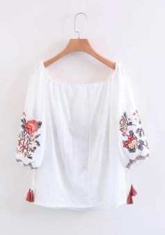 White Drawstring Embroidery Tassel Balloon Sleeve Off Shoulder Mexican Cute Blouse