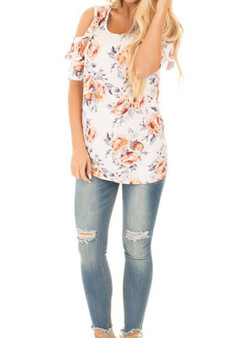 White Floral Print Cut Out Off-shoulder Ruffle Oversize Sweet T-Shirt