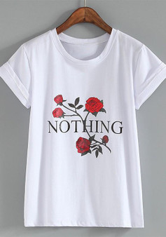 White Flowers Monogram Comfy Round Neck Short Sleeve Casual T-Shirt