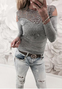 Grey Patchwork Lace Cut Out Round Neck Fashion T-Shirt
