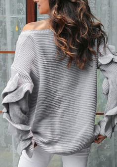 Grey Irregular Ruffle Round Neck Long Sleeve Casual Pullover Sweater