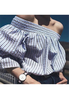 Blue Striped Pleated Bow Off Shoulder Boat Neck Long Sleeve Blouse