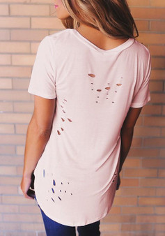 Pink Plain Cut Out Ripped Destroyed Deep V-neck Short Sleeve T-Shirt