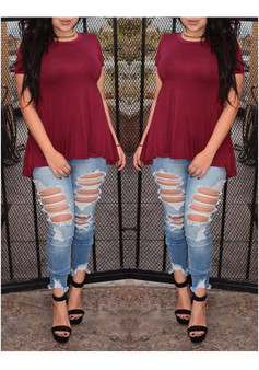 Burgundy Plain Irregular Hollow-out Tie Back Draped Lace-up T-Shirt
