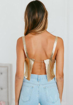 Golden Shoulder-Strap Backless Bronzing Sparkly Crop Clubwear Cocktail Party Vest