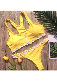 Yellow Patchwork Zipper 2-in-1 Scoop Neck Fashion Swimwear