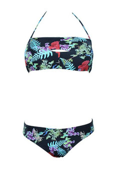 Black Floral Bandeau Cut Out Drawstring 2-in-1 Fashion Swimwear