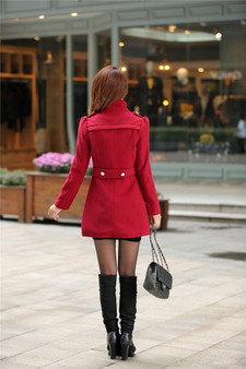 Red Pockets Buttons Double Breasted Long Sleeve Fashion Wool Coats