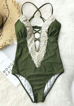 Army Green Patchwork Lace Spaghetti Strap Backless One Piece Beachwear Swimwear