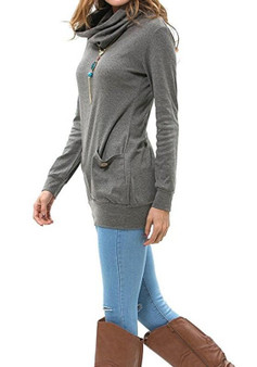 Dark Grey Pockets Studded High Neck Long Sleeve Casual T-Shirt