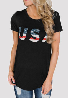 Black "USA" American Flag Print Independence Day Casual T-Shirt