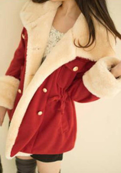 Red Double Breasted Pockets Turndown Collar Long Sleeve Fashion Coat