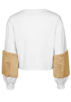 White Patchwork Khaki Fur Long Sleeve Round Neck Fashion Sweatshirt