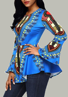 Light Blue Floral Round Neck Long Sleeve African Fashion T-Shirt