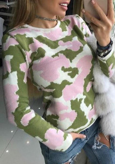 Green Camouflage Round Neck Long Sleeve Pullover Sweater