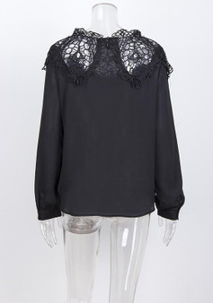 Black Lace Patchwork Round Neck Long Sleeve Fashion T-Shirt