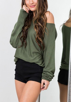 Green Plain Irregular Round Neck Casual Pullover Sweater