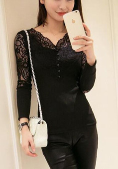 Black Patchwork Lace V-neck Long Sleeve Fashion T-Shirt