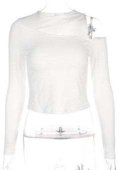 White Plain Cut Out Round Neck Long Sleeve T-Shirt