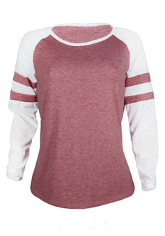 Red-White Patchwork Round Neck Long Sleeve Casual T-Shirt