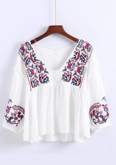 White Floral Embroidery Buttons Draped V-neck Bohemian Sweet Blouse