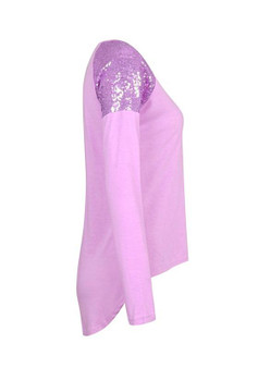 Purple Sequin Round Neck Long Sleeve Fashion T-Shirt