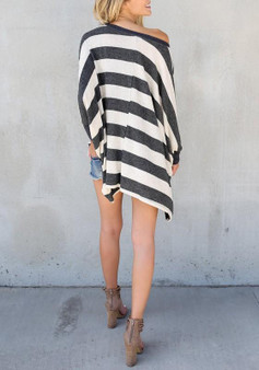 Black-White Striped Asymmetric Shoulder Going out Casual T-Shirt