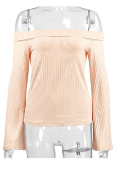 Apricot Plain Boat Neck Long Sleeve Fashion T-Shirt