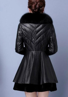 Black Patchwork Pockets Faux Fur PU Leather Fur Collar Coat