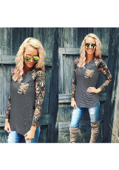 Black Striped Floral Pockets Round Neck Long Sleeve Casual T-Shirt