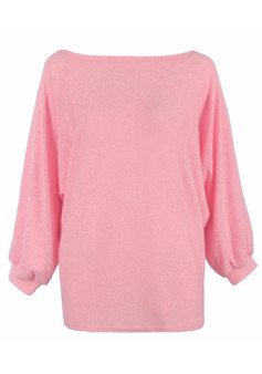 Rose Carmine Round Neck Dolman Sleeve Loose Casual Pullover Sweater