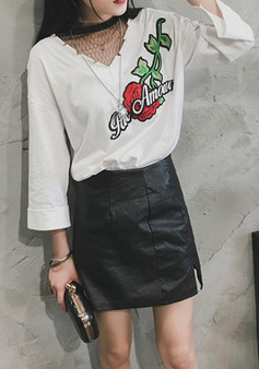 White Monogram Flowers Embroidery Hollow-out Grenadine Side Slit Casual T-Shirt