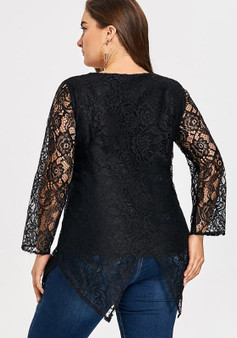 Black Patchwork Irregular Lace Embroidery Plus Size Casual T-Shirt