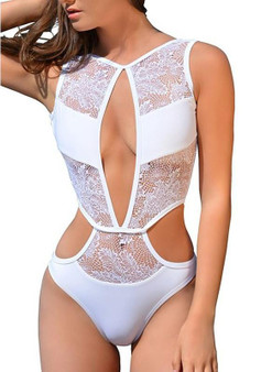 White Patchwork Cut Out Lace V-neck Swimwear