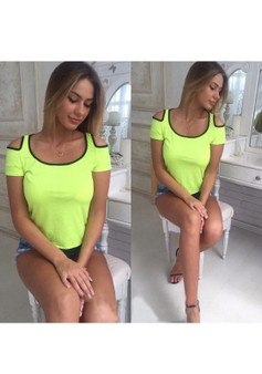 Yellow Patchwork Cut Out Round Neck Short Sleeve Fashion T-Shirt