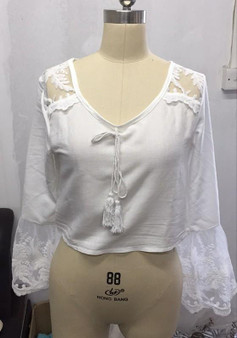 White Patchwork Lace Drawstring V-neck Long Sleeve Blouse