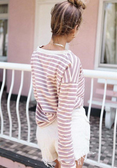 Pink-White Striped Round Neck Long Sleeve Casual T-Shirt