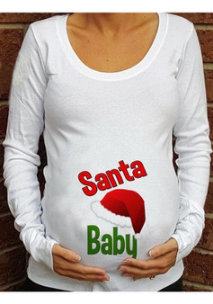 Red Santa Baby Print Christmas Long Sleeve Round Neck Maternity Casual T-Shirt