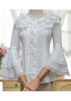 White Lace Single Breasted Bell Sleeve Sweet Cute Blouse
