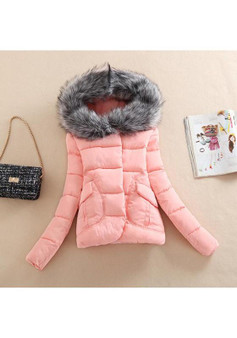 Pink Patchwork Pockets Long Sleeve Down Coat