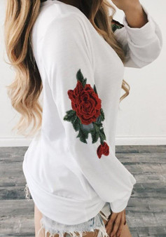 White Patchwork Embroidery Round Neck Long Sleeve Casual Pullover Sweatshirt