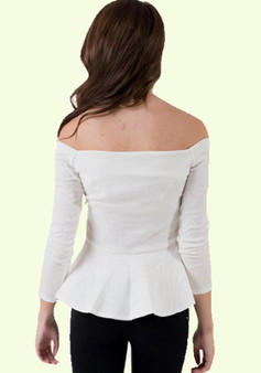 White Ruffle Off-Shoulder Neckline Peplum Long Sleeve T-Shirt