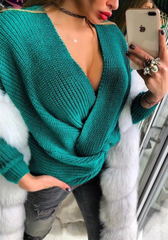 Green Irregular V-neck Casual Pullover Sweater